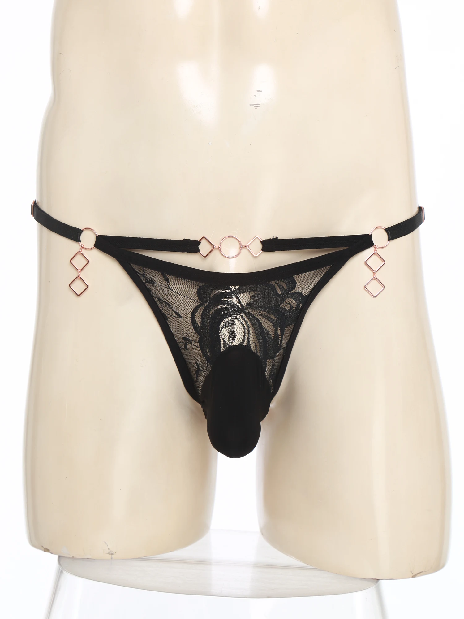 

Men Sheer Floral Lace Thongs Lace Sissy Bikini Underwear Nightwear Spaghetti Waistband Metal Rings Bugle Pouch T-back Briefs