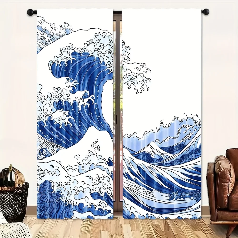 Japanese Wave Curtains 2pcs Pair Great Wave Art Ukiyo-e Style Window Drapery for Living Room Home Decor