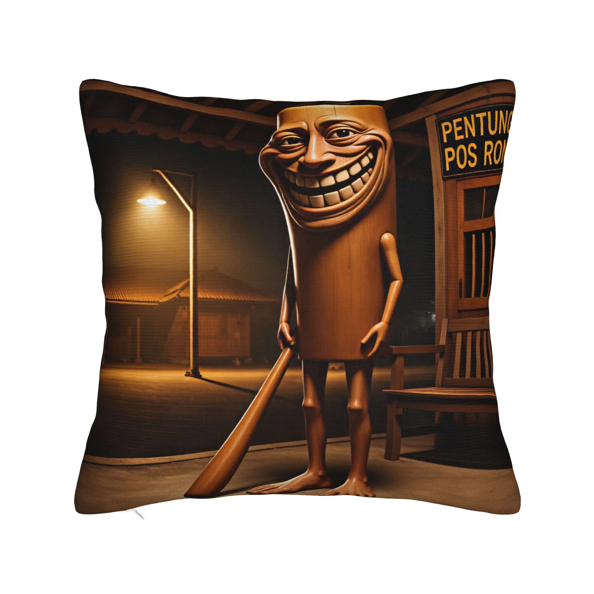 Tung Grin Wooden Character Night Station Bat Pillow Cover Print Cushion Cover Novelty Pillow Case For Sofa Couch Bed Living Room