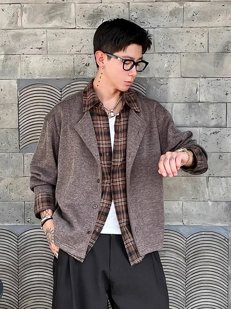 

Cleanfit Men's Knitted Cardigan Sweater Plaid Splicing Fake Two-Piece Sle Autumn Casual Loose Fit Long Sve Button up
