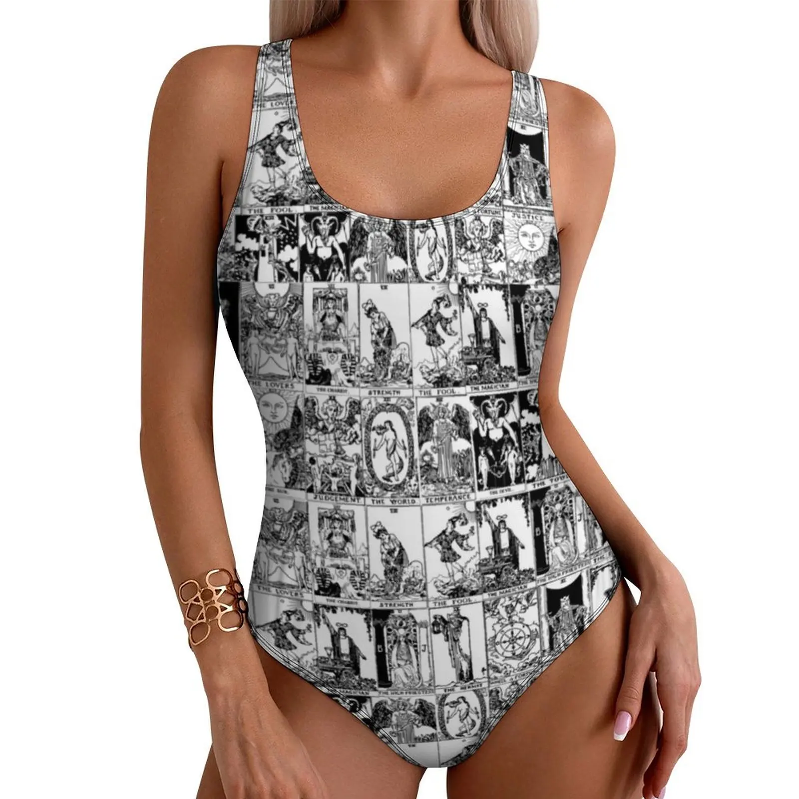 

Black And White Tarot Swimsuit Major Arcana One Piece Swimwear Push Up Kawaii Bathing Suit Sexy Holiday Surf Design Beach Wear