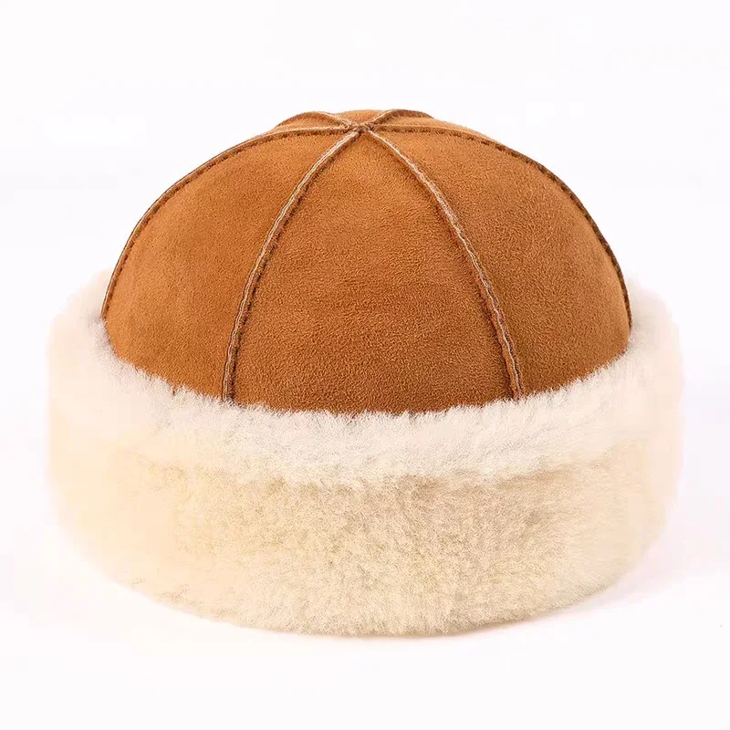 2024 Fashion Real Leather Hat Sheepskin Fur Cap Brimless Hat Warm Round Male Caps Fashion Winter And Autumn Luxury