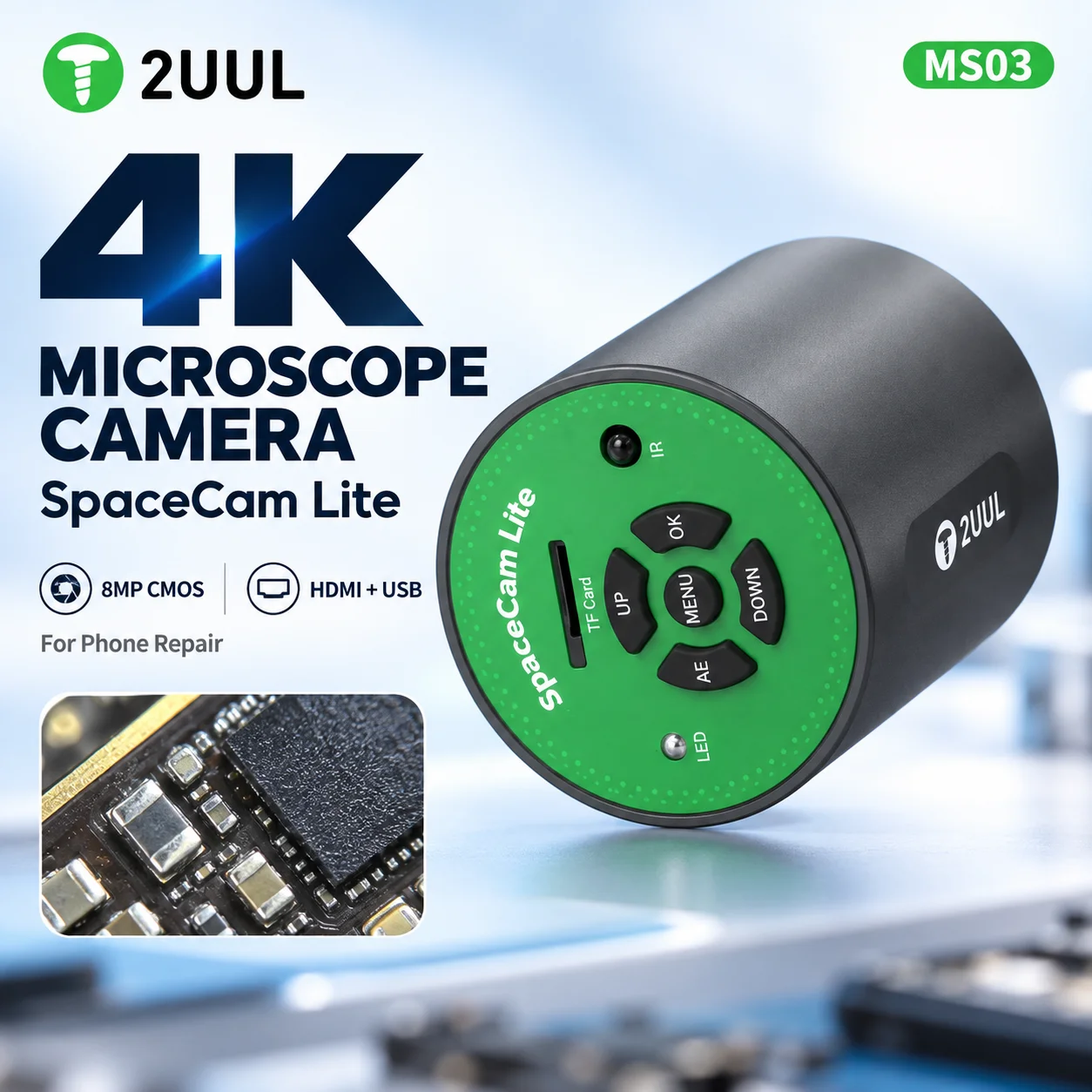 2UUL MS03 SpaceCam Lite 4K HD Microscope Camera 8MP CMOS HDMI USB Video Output for Mobile Phone Motherboard PCB Repair