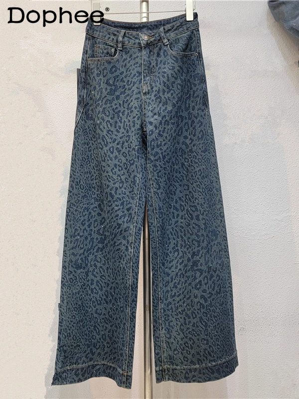 

Street Fashion Leopard Print Hot Diamond Jeans Women 2024 Autumn New Wide-leg Straight Mopping Pants Women Baggy Jeans