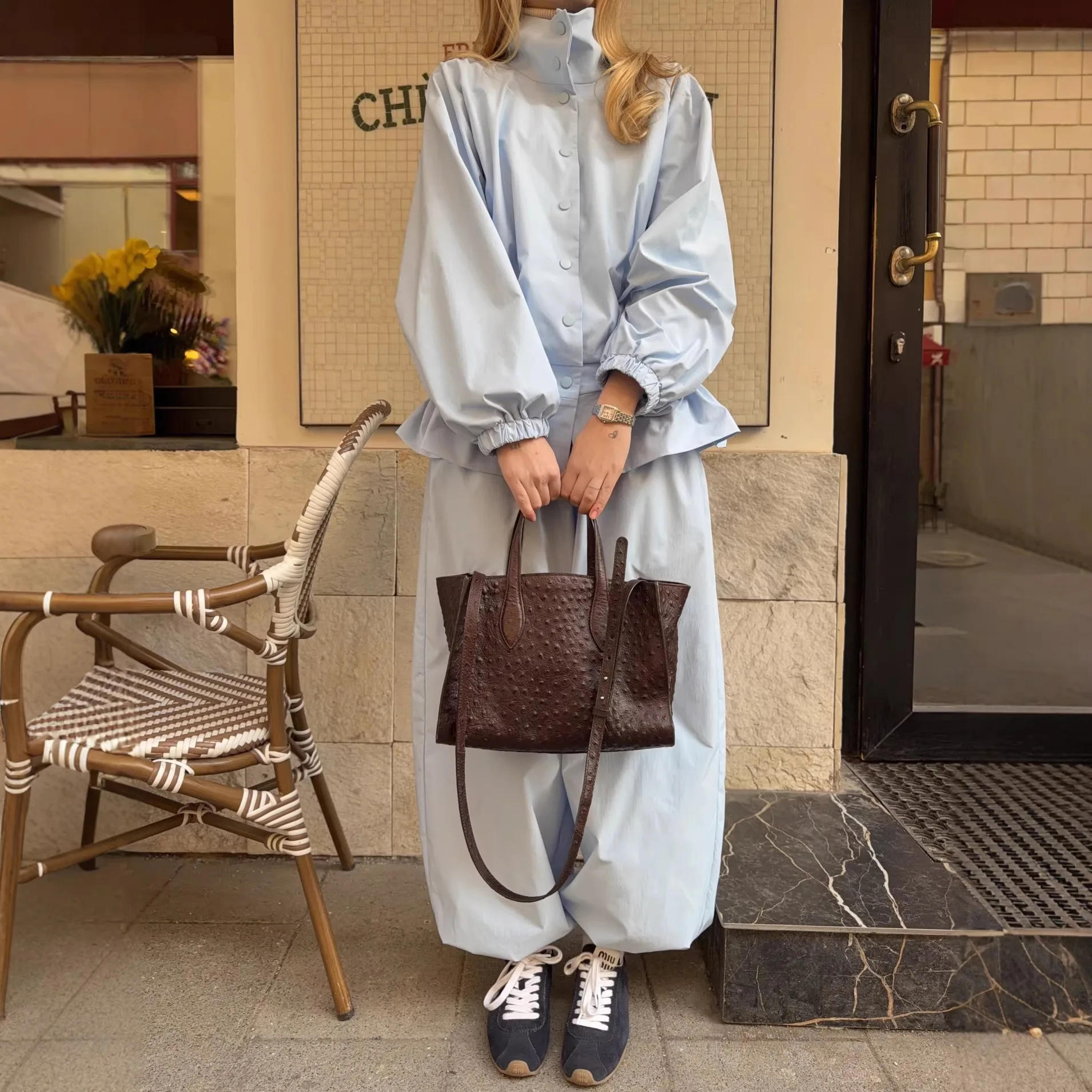 

Stand Collar Balloon Sleeve Two Piece Outfit Button Down Peplum Drawstring Top Loose Wide Leg Pants Casual Matching Set 260602
