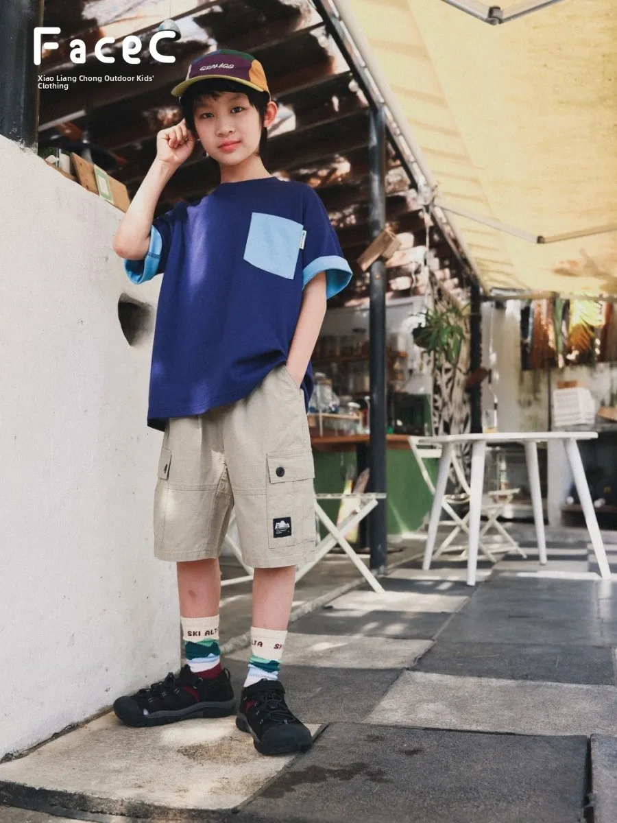 FaceC Camping Color Block Kids T-Shirt Boys Loose Short Sleeve Summer New Style Outdoor Mountain Series Children's Clothing