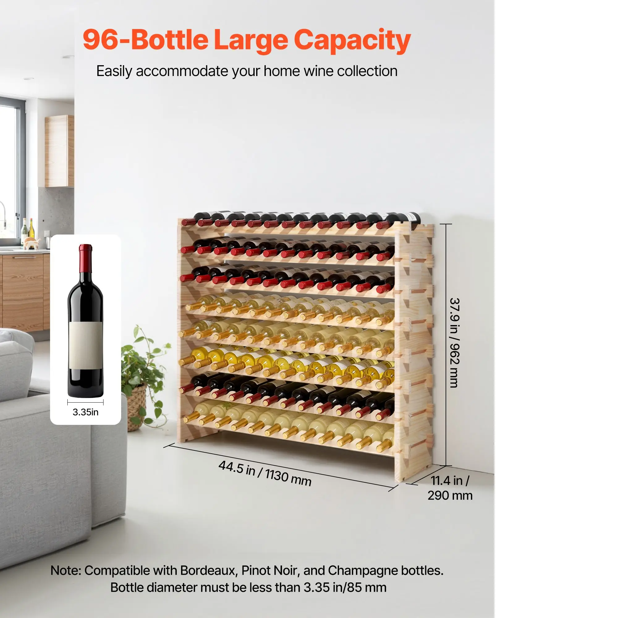 96 Bottle Stackable Modular Wine Rack, 8-Tier Holder,Solid Wood Floor Freestanding Storage For Pinot Noir, Kitchen, Cellar, and