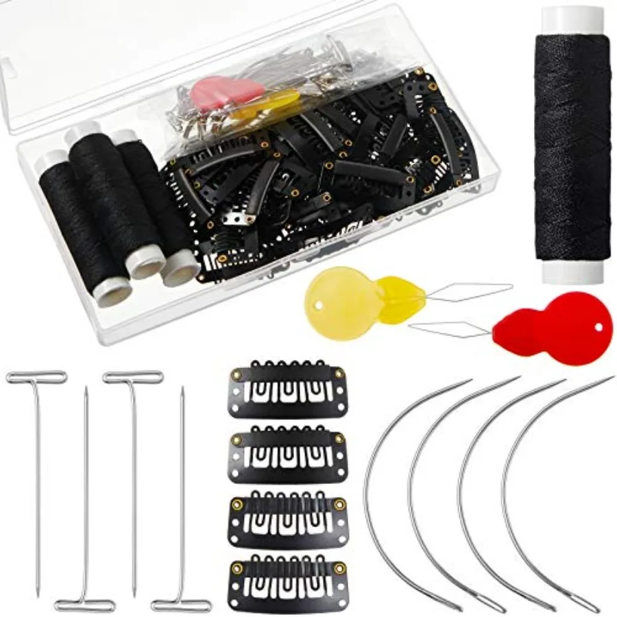 Wig Making Set for Hair Extensions: U-Shape Snap Clips, Curved Needles, T-Pins, Weaving Thread, Needle Threader Black, Durable