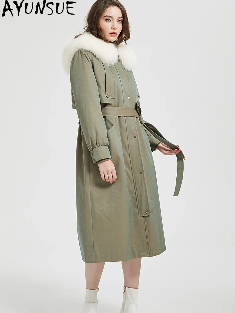 AYUNSUE Parka in pelliccia di coniglio Rex Donna 2025 Cappotti di vera pelliccia Abiti invernali Trench stile lungo Caldo collo di pelliccia di volpe П199ьто Ж брае