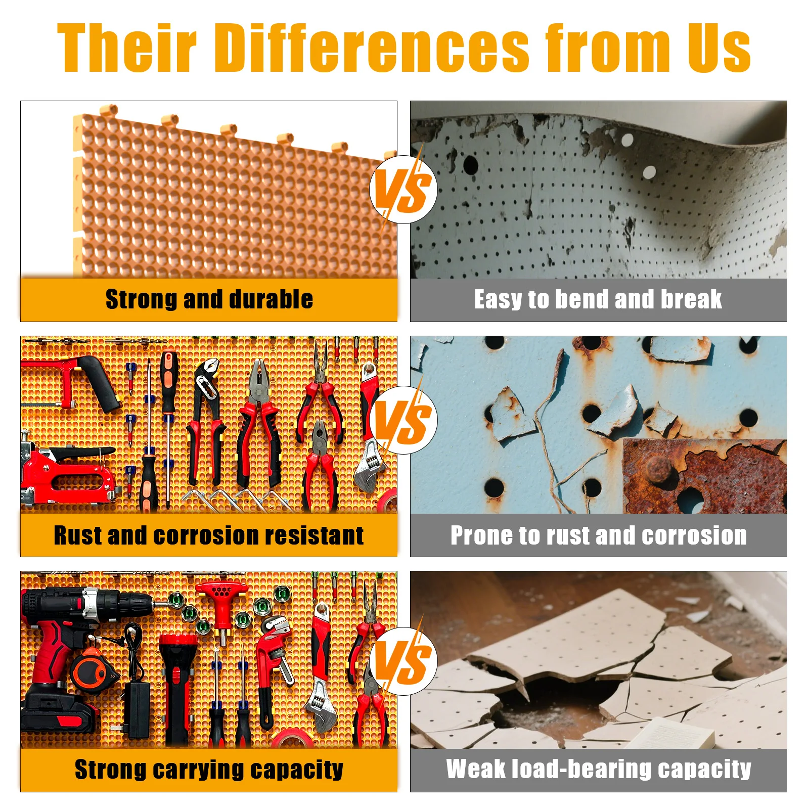 6 pcs yellow plastic peg board set 200 accessories, rust-proof, non-sagging,  Garage Peg Board Wall Pegboard Organizer