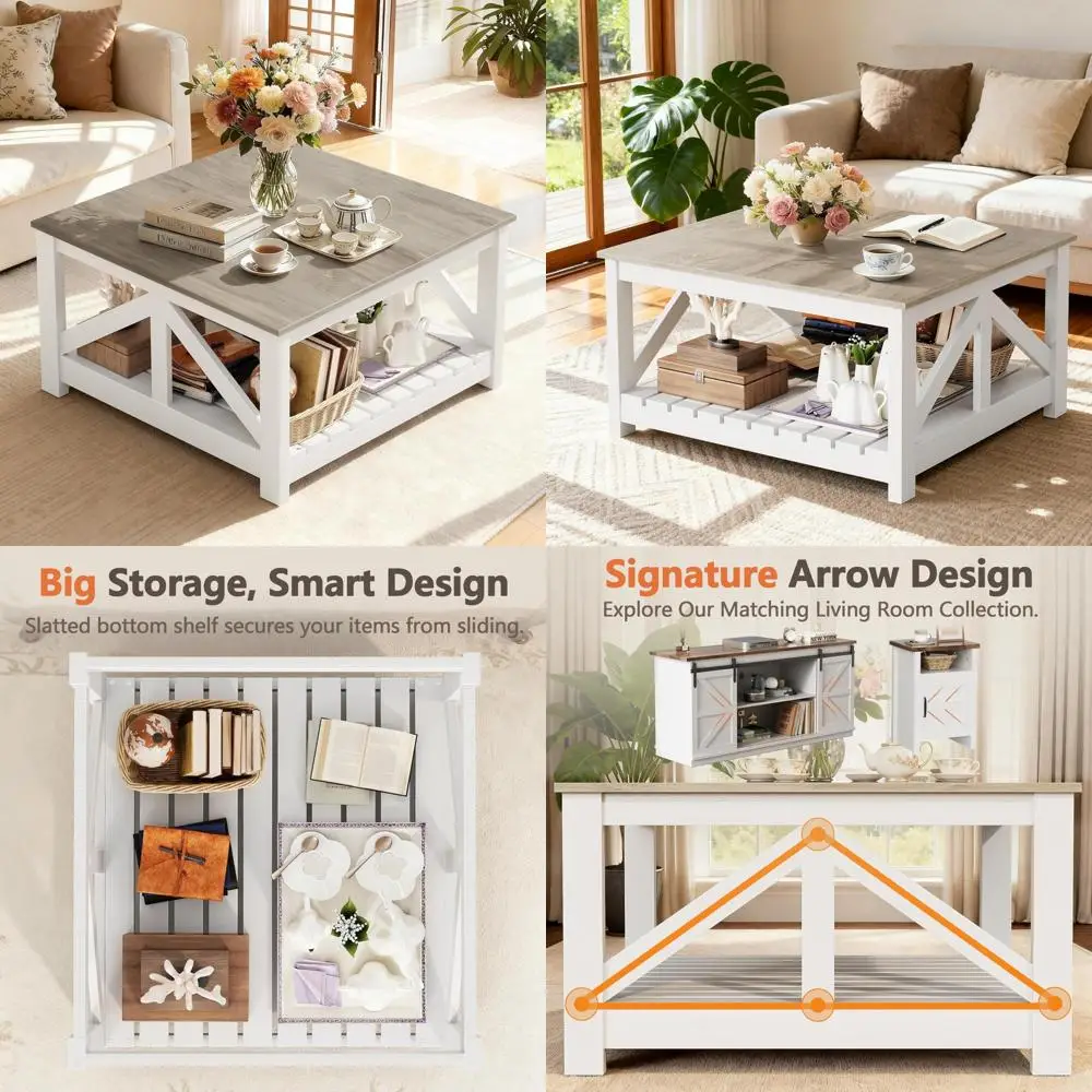 

Rustic Farmhouse Style Coffee Table with Storage, Living Room Centerpiece, Half-Open Shelf for Magazines