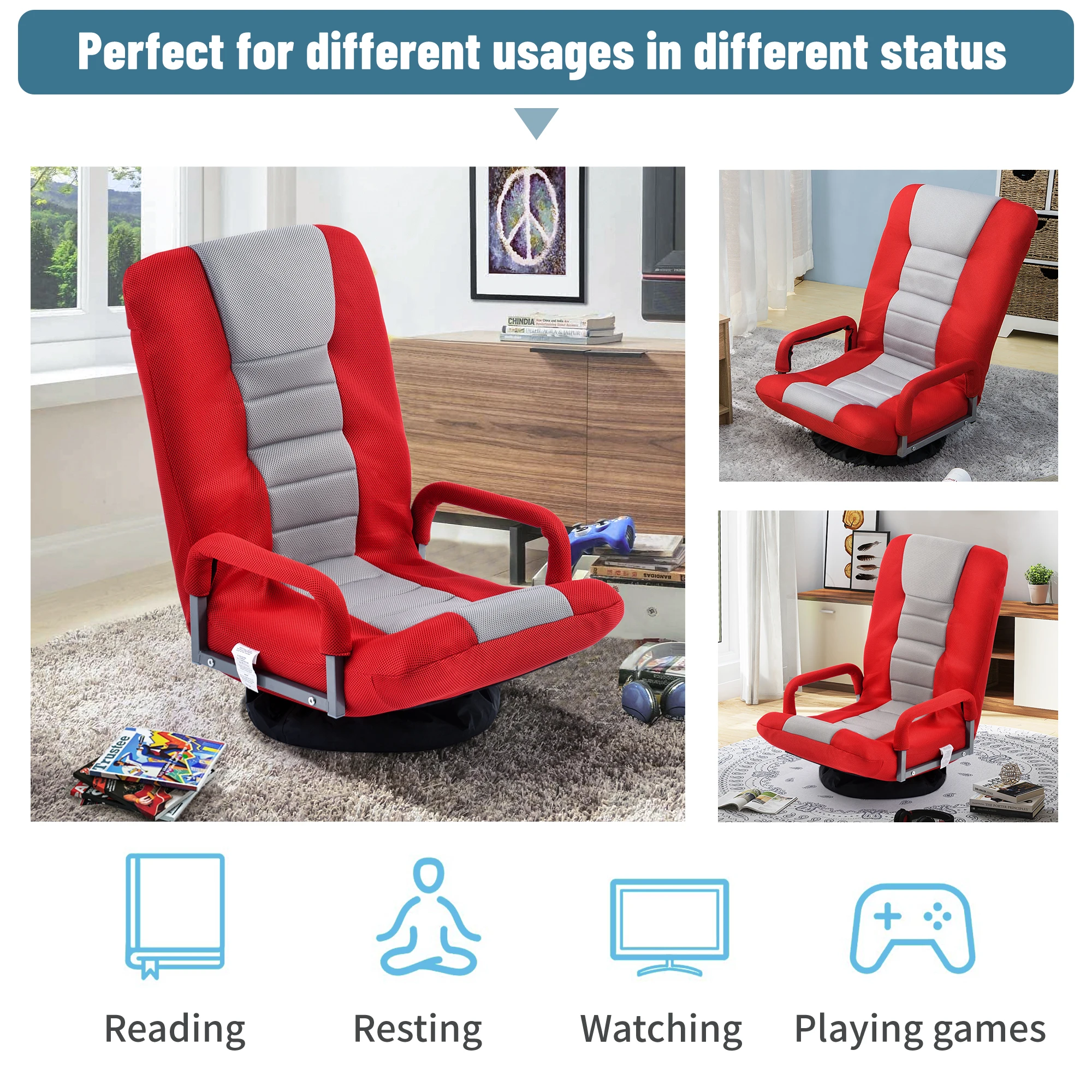 

Adjustable 7-Position Floor Chair Folding Sofa Lounger Swivel Video Rocker Gaming Chair With Armrests Red/Blue/Brown[US-W]