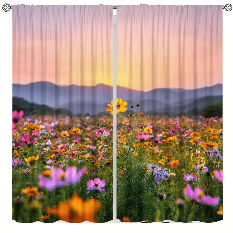 Flower field and mountain landscape curtains, pole-mounted installation. Suitable for living rooms bedrooms, dining rooms hotels