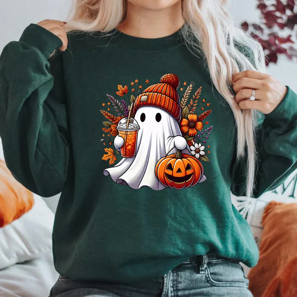 Halloween Cute Ghost Sweatshirt Pumpkin Spice Sweater Women Long Sleeve Sweatshirt Spooky Season Hoodie Trick or Treat Pullovers