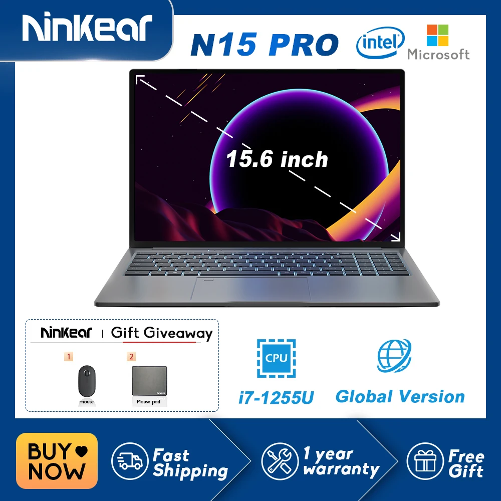 Ninkear-N15 Pro Office Laptop, 15, 6 Polegada, IPS, 1080P, Intel Core i7-1255U, 32GB DDR4, 1TB SSD, Windows 11 Notebook