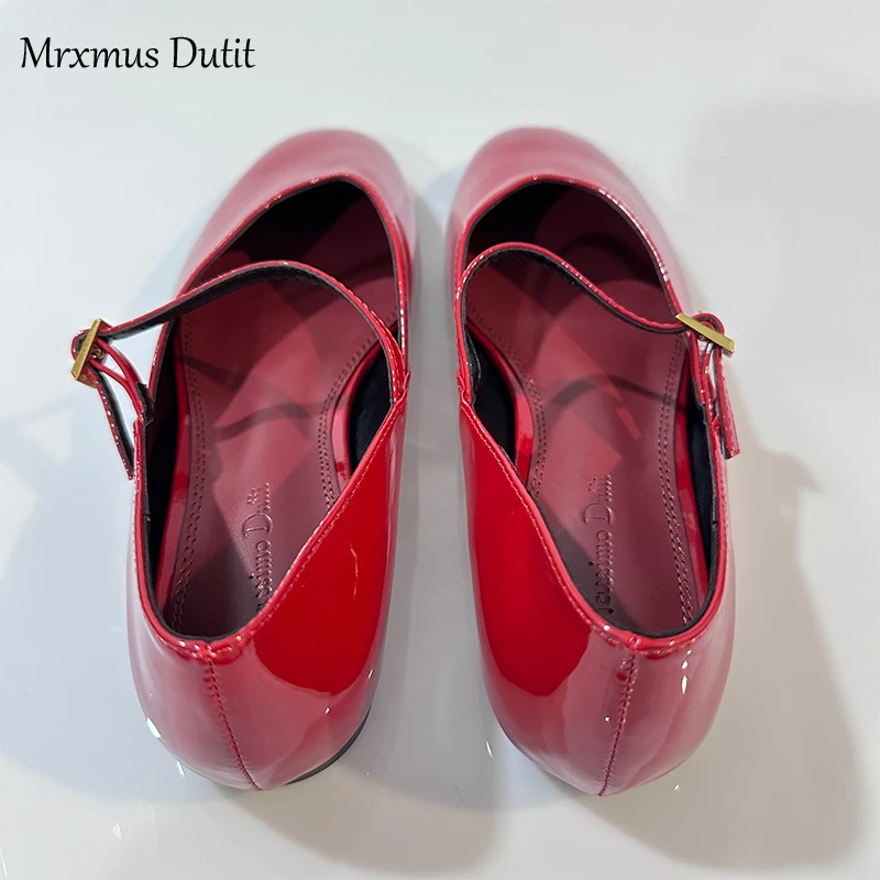 Mrxmus Dutit 2024Summer New Simplicity Fashion Red Patent Leather Mary Jane Flat Shoes Buckle Round Toe Flat Bottom Ballet Shoes