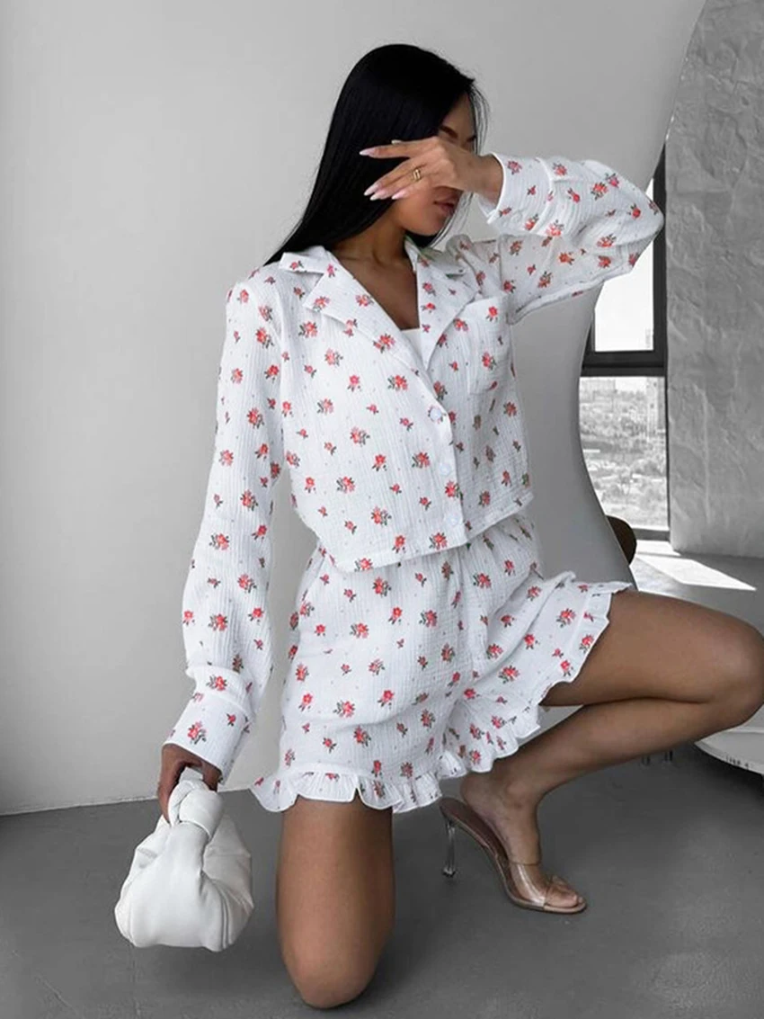 Marthaqiqi Casual Printing Women Sleepwear Set Turn-Down Collar Pajamas Long Sleeve Nightie Crop Top Pyjamas Shorts Pijamas Suit