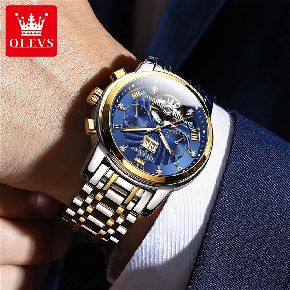 OLEVS 9910 Original Men's Automatic Mechanical Watch Luxury Skeleton Stainless steel Waterproof Luminous Watches