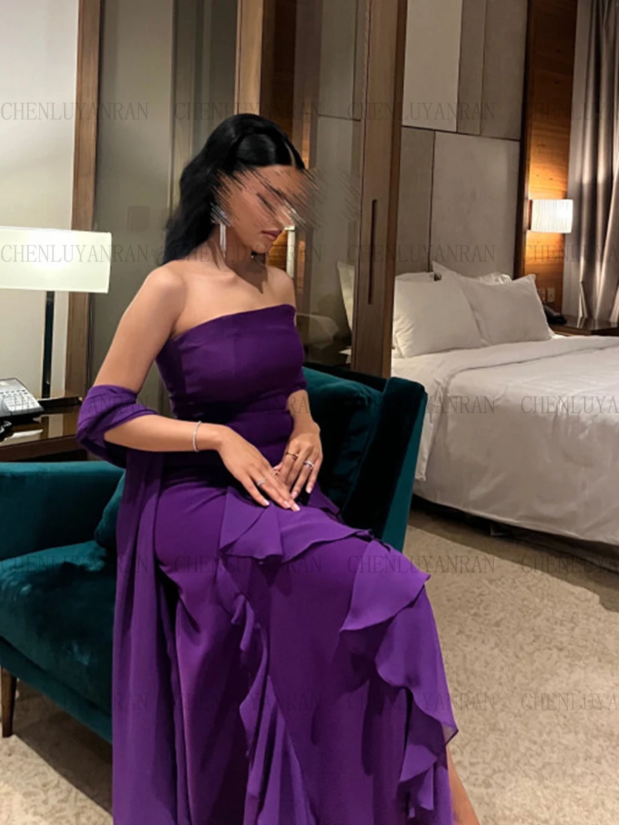 Purple Chiffon Formal Occasion Dresses Strapless Customized Mermaid Party Dress Slit Sexy Long Elegant Evening Gown فساتين حفلات