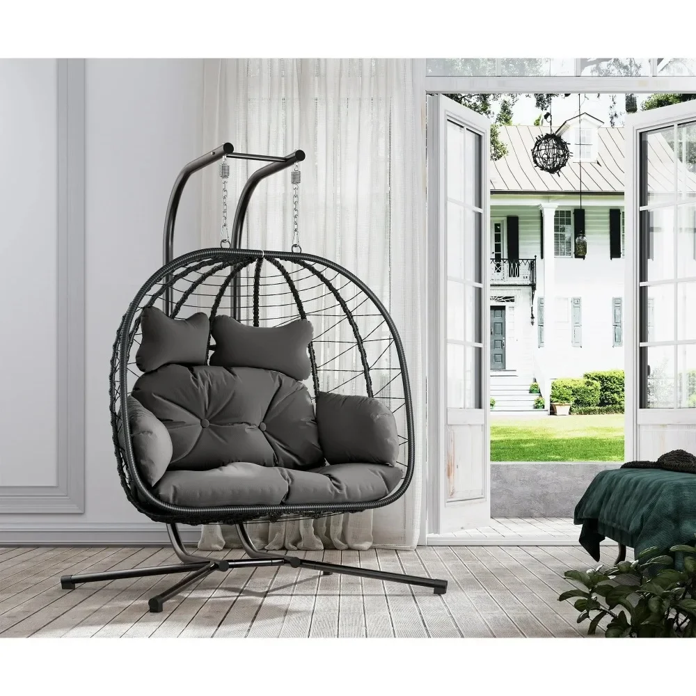

Double Wicker Swing Egg Chair Hammock Foldable Hanging Loveseat with Stand, UV Protection Removable Cushions
