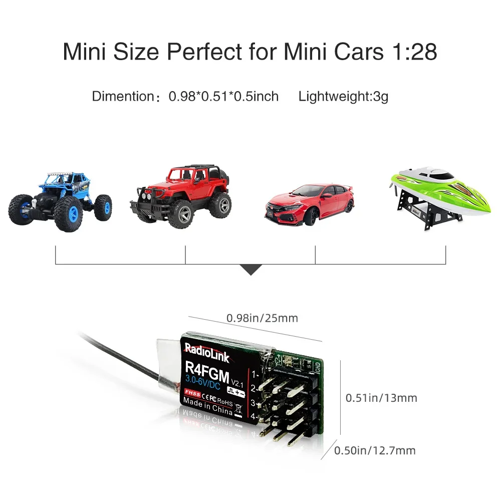 Radiolink R4FGM 4 Channel Mini Receiver with Gyro for 1:28 1:64 RC Pocket Drift Car Hotwheel Work for RC4GS RC6GS T8S T8FB RC8X