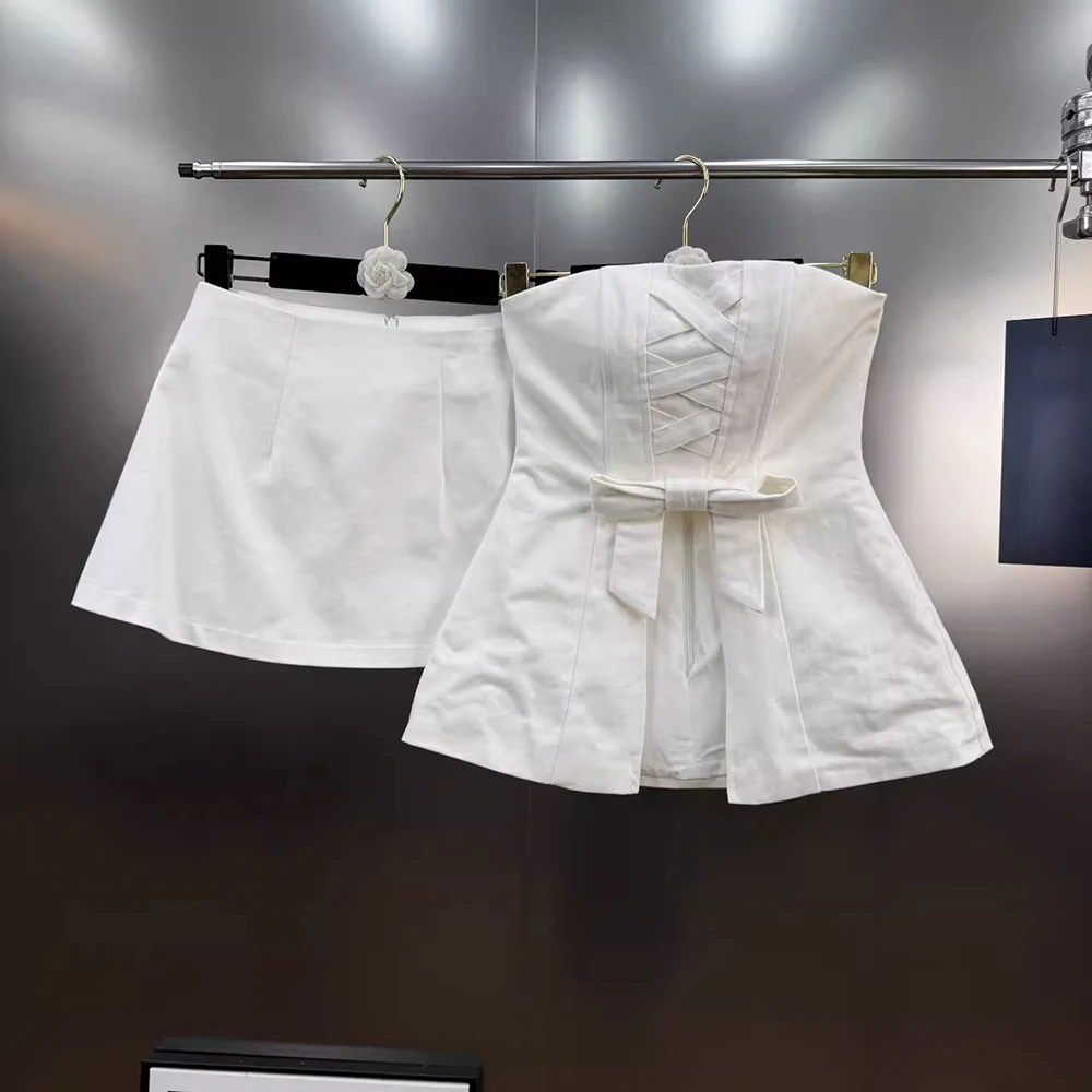 TWOTWINSTYLE Solid Slimming Two Piece Sets for Women Strapless Sleeveless Spliced Bow Split Top High Waist Skirt Set Female New