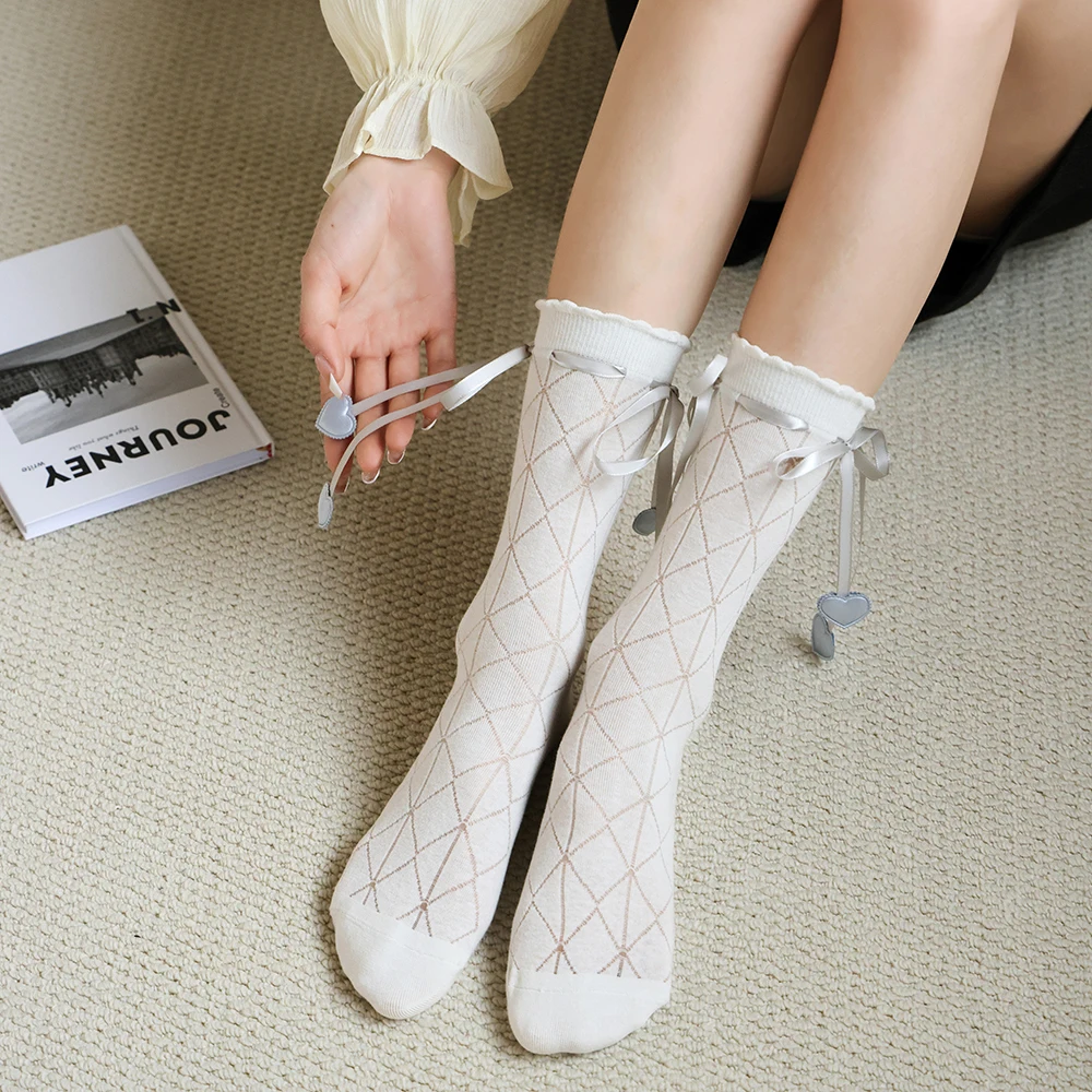 Woman Cute Mid-calf Socks Love Heart Pattern Ankle Stockings Breathable Thin Lolita Style Socks Female Kawaii Short Stockings