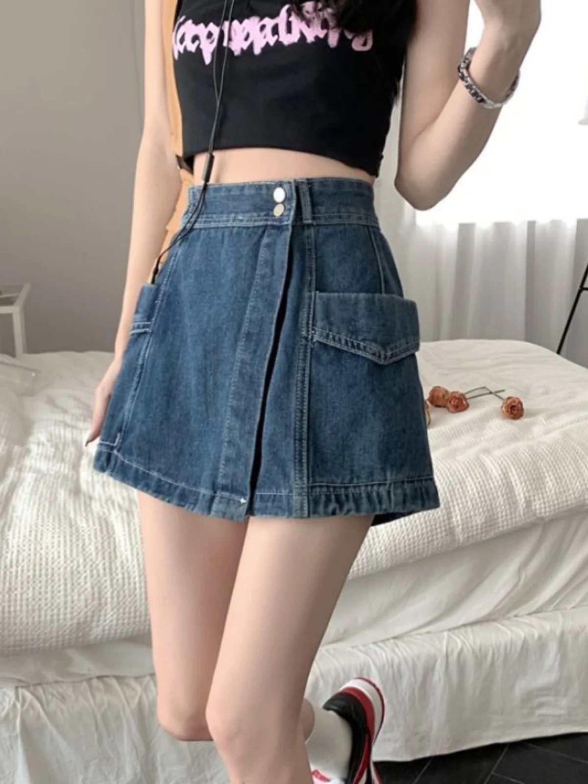 Summer New High Waist Uneven Denim orts Women's Spicy Girl Small Size Design Slimming Effect Skirt Pants Blue Cotton
