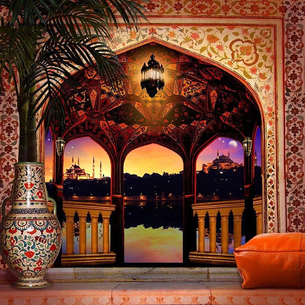 Photo Background Floor Arabian Balcony Palace Night Column Light Palm Tree Backdrops Castle Wedding Party Decorations Background