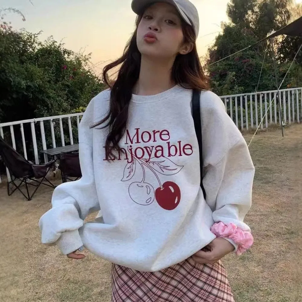 

Casual Printed Long Sleeve Fleece Top Sweet Cherry Korean Ins Autumn Hoodie Top Loose Girls Clothing Sweatshirts for Women Women