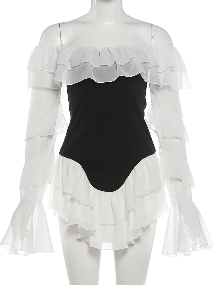 Weird Puss Elegantes, gestuftes Kleid für Damen, Herbstmode, Mesh-Patchwork, ausgeschnittener Ausschnitt, Glockenärmel, unregelmäßiger Saum, Party, sexy, figurbetont – Detail 3