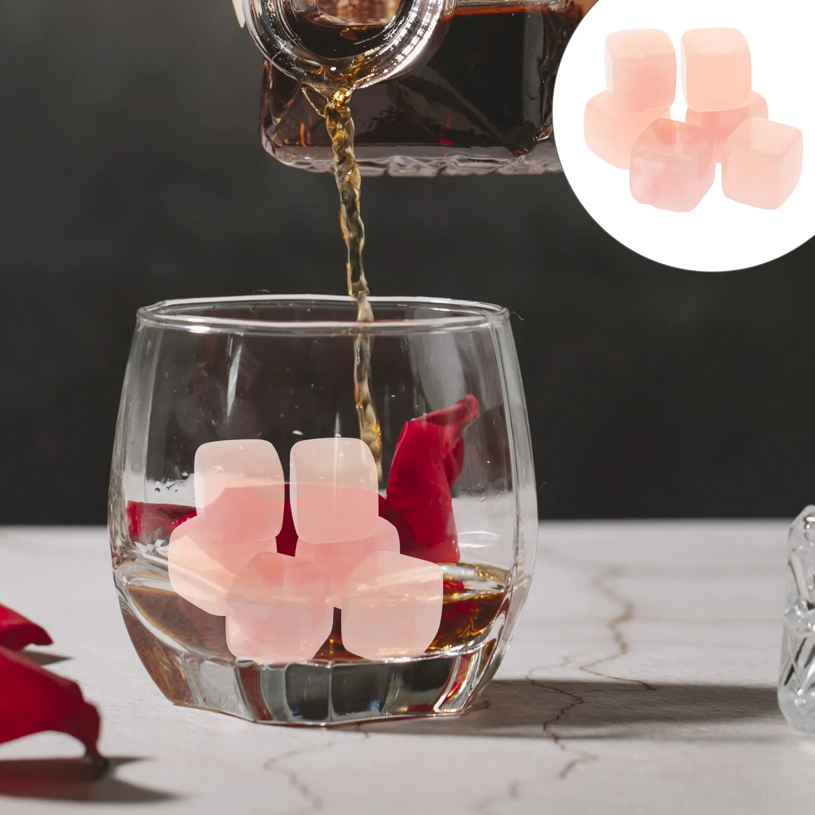 

6 Pcs Pink Quartz Ice Cubes 0 8 Inch Reusable Whiskey Stones for Drinks Crystal Gift Set Bartending Accessories