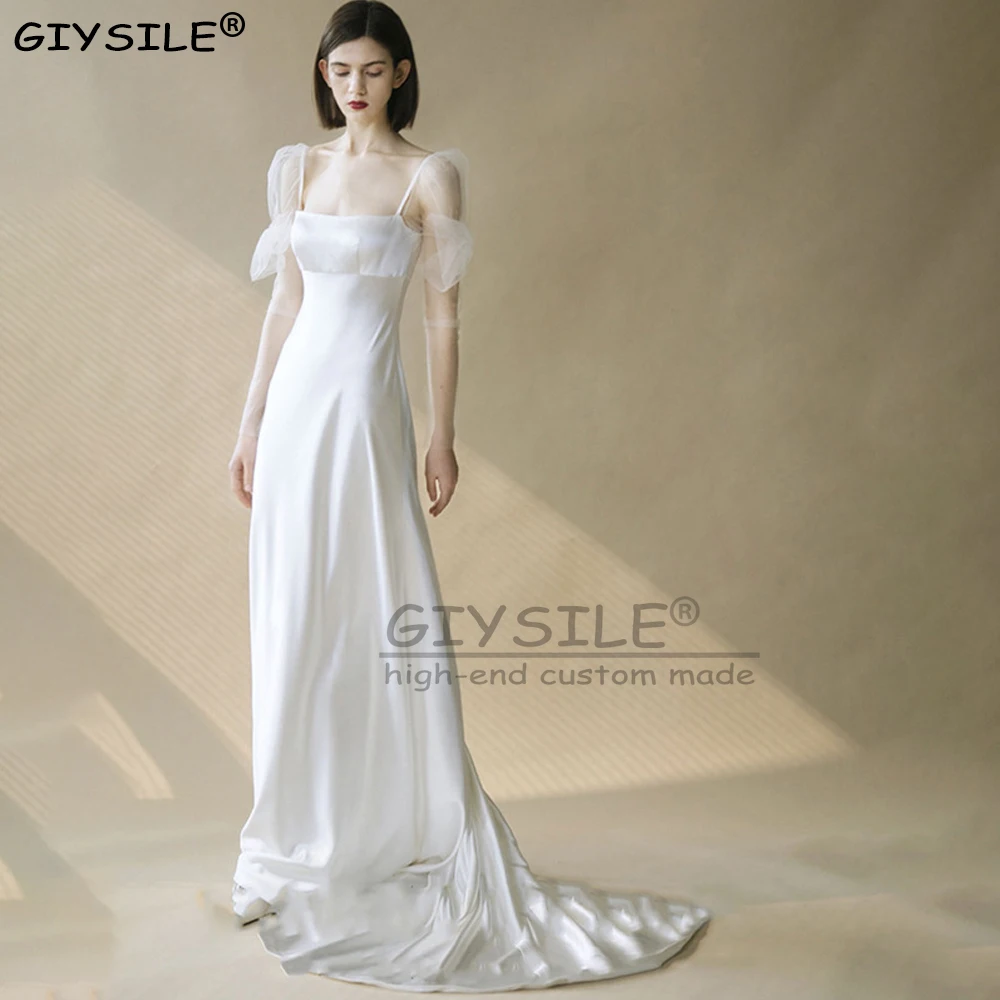 

GIYSILE Customized French White Light Wedding Dresses Simple Mesh Long Sleeved Square Neck Bridal Gowns Satin Trailing Dress