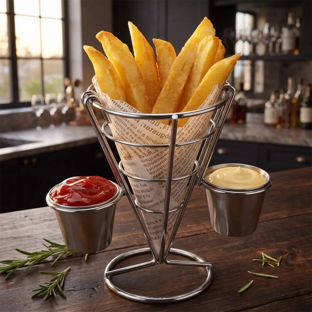 Durable Iron French Fry Cone Holder with Sauce Cup Sliver Fries Display Stand Study Convenient Fries Baskets Home Restaurant
