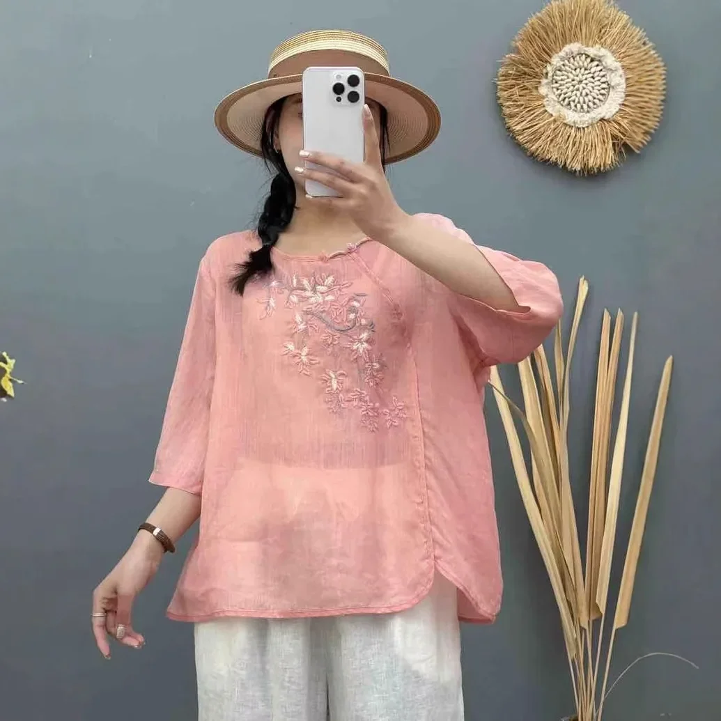 

New Chinese-style button-up national style embroidered shirt, women's summer new loose round neck diagonal placket loose