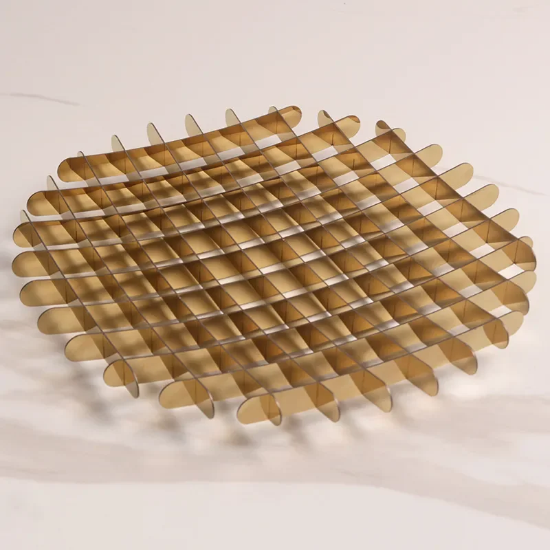 Simple Light Luxury Metal Round Waffle Grid Fruit Plate Tray for Dining Room Living Room Home Decor Ornament Model Display