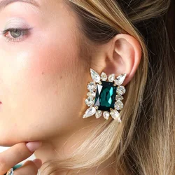 Stonefans Fashion Green Crystal Large Stud Earrings Jewelry for Women Shiny Rhinestone Square Earrings Weddings Ear Jewelry