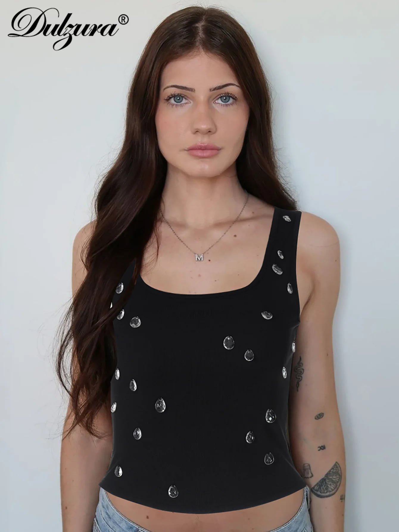 Dulzura prążkowane bez rękawów kropelki wody zdobione diamentami Tank seksowny swobodny obcisły top do klubu na imprezę Streetwear wiosna lato