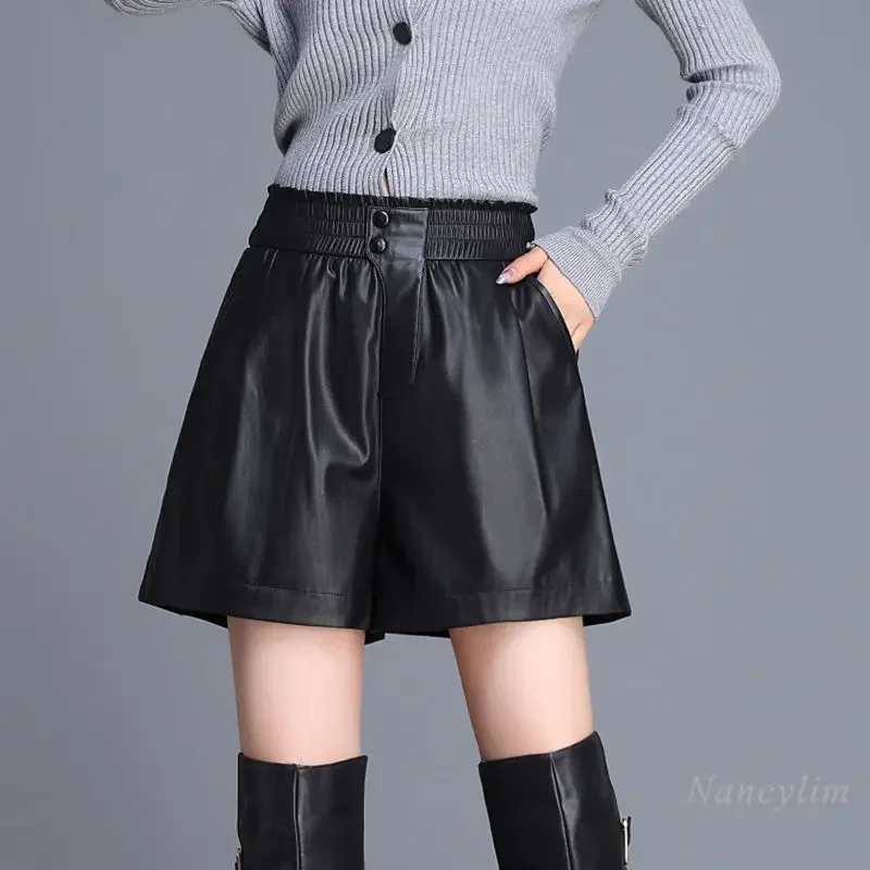 Grey Leather Shorts Womans 2023 Autumn Winter New Genuine Leather Elastic Waist Wide Legs Sheepskin Outerwear Bootcut Shorts