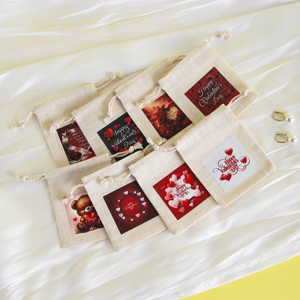 5pcs New 10*15cm Hot Transfer Printing Valentine's Day Gift Bags Earrings keychain Perfume Jewelry Drawstring Cotton Sack Pouch