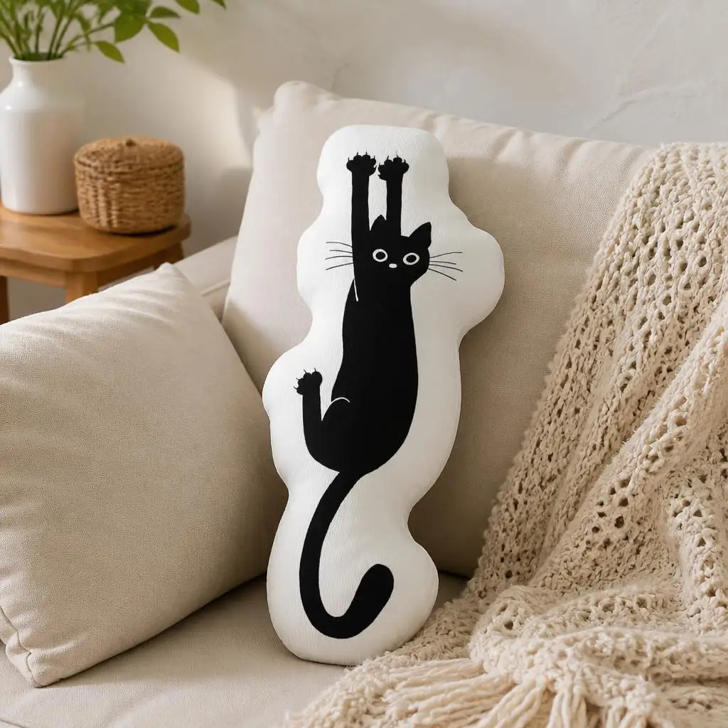 Black Cat Silhouette Hanging Shaped Pillow Cute Cat Lover Cushion Stuffed Throw Pillow for Sofa Home Decor Cat Owner Gift