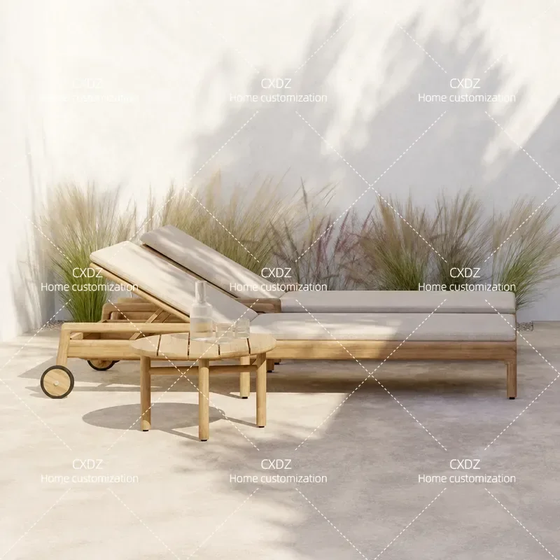 Teak Outdoor Bed Rattan Beach Chair Waterproof Sun Lounger for Garden Courtyard Terrace Villa Hotel Pool Patio Furniture