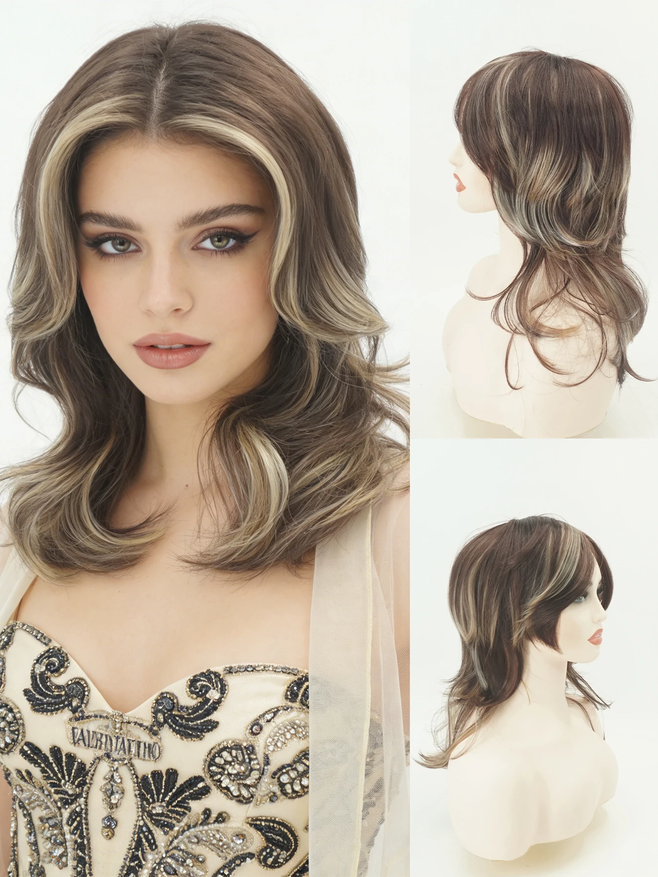 

1 женский парик, выполненный из термостойкого синтетического волокна, с естественным объемом.