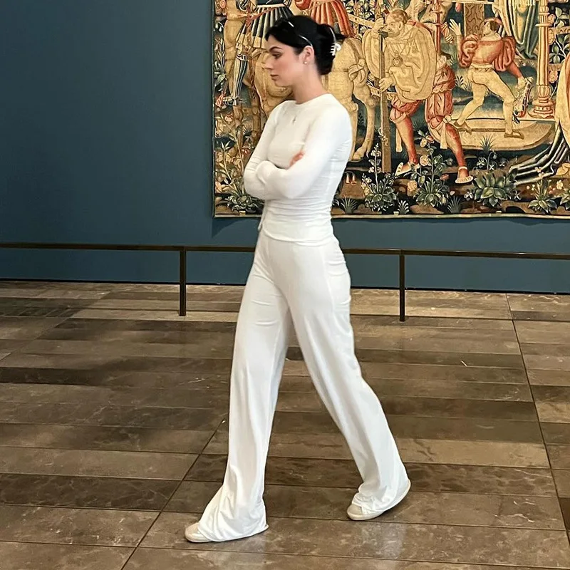 Vestido largo liso de manga larga fruncido para mujer, vestido Sexy a la moda de otoño e invierno con cuello redondo, cintura alta, ceñido al cuerpo, vestido largo elegante para fiesta y discoteca