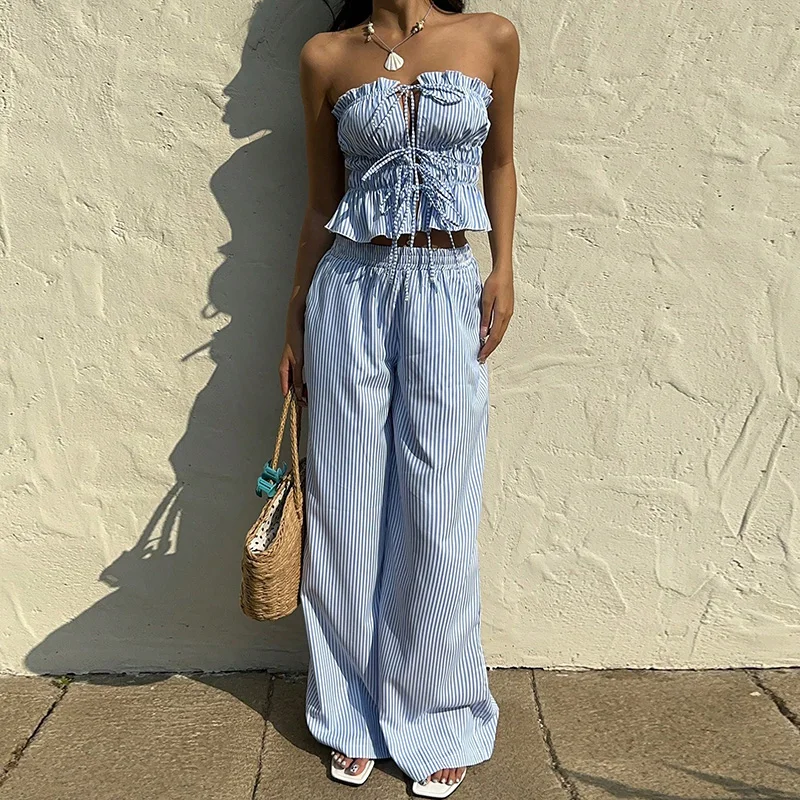 

Women Summer New Set Elegant Sleeveless Lace Up Tank Tops Pocket Pants Matching Sets Fashion Stripe Printed Vacation 2 Piece Set