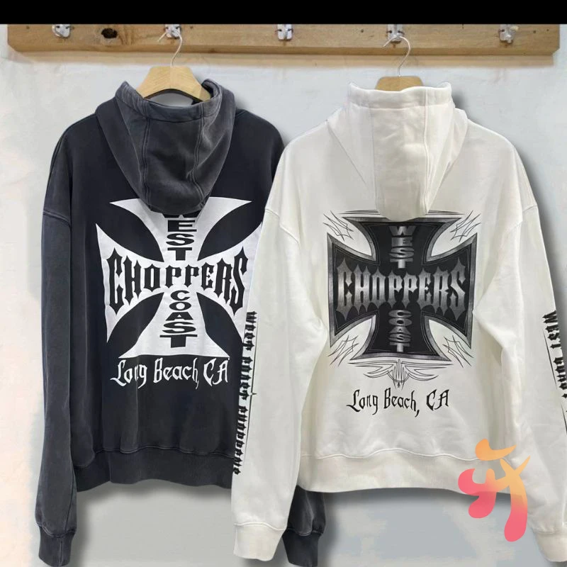 

25SS белый черный потертый старый свитшот с перекрестным принтом, зимние толстовки с капюшоном на западном побережье, унисекс, свободные мужские и женские толстовки большого размера