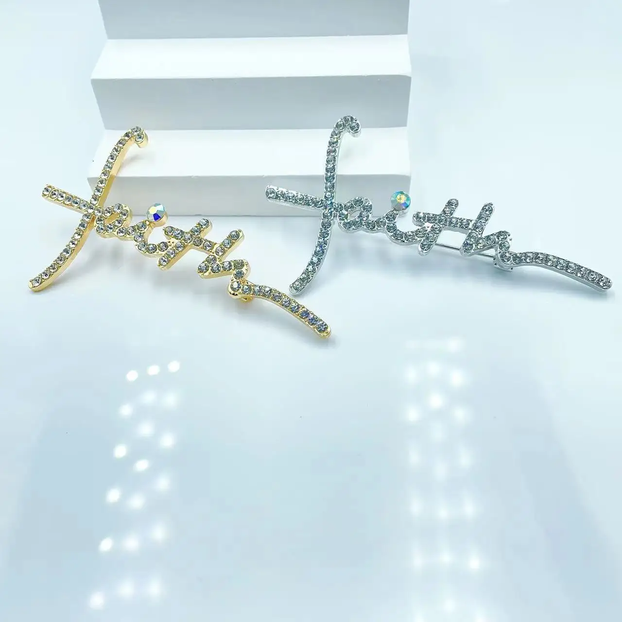 Fashion diamond letter brooch faith cross pin men and women with the same style all-match clothing pin supply