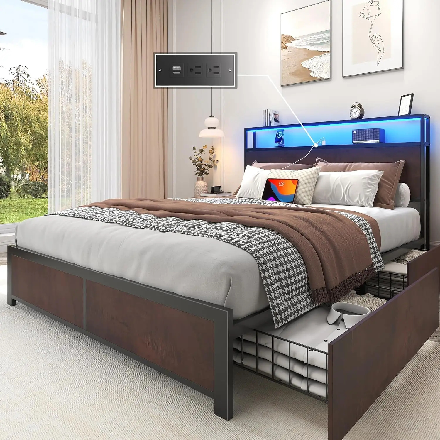 Metal platform bed frame with 2-layer storage headboard, 4 storage drawers, no noise/box spring required, coffee color