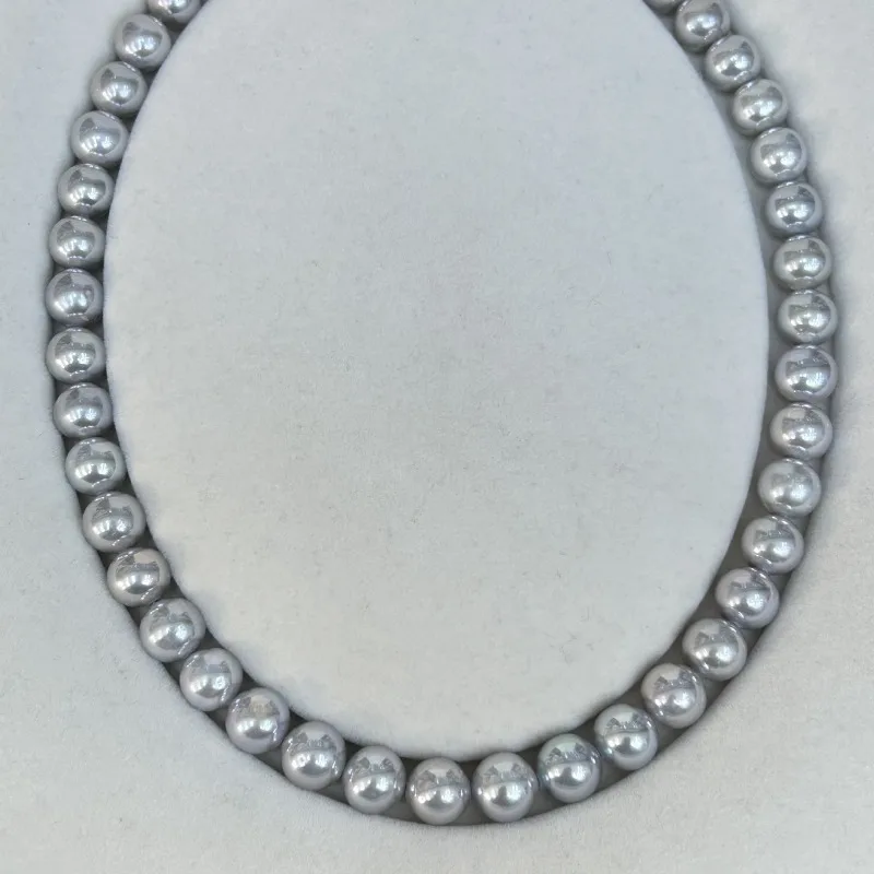 Natural 9-10mm Pearl Necklace, Linen Gray, Nearly Round, Slightly Flawed Finished Product Wholesale Silver Buckle