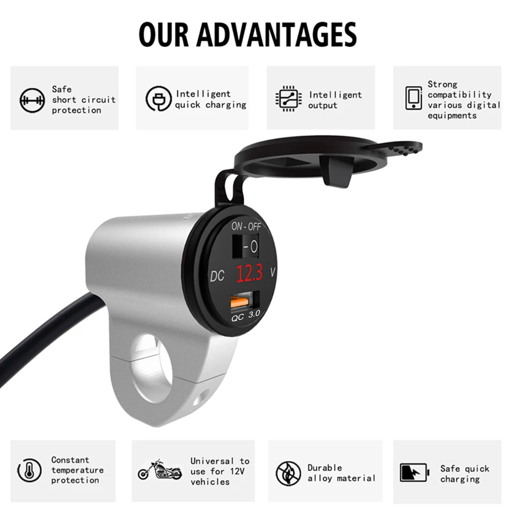 2.4A Digital Display With Switch Car Fast Charger Motorcycle USB Charger Mobile Phone Adapter